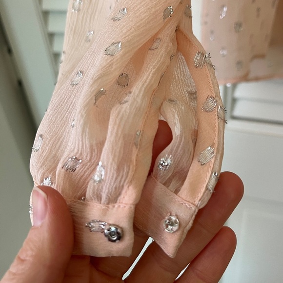 Rebecca Taylor x Revolve Metallic Dot Ruffle Blouse Long Sleeve | Pink | Size 10 - Picture 8 of 16